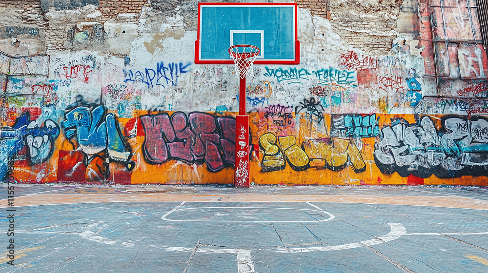 Fototapeta premium Graffiti on the wall behind the basketball hoop with backboard, rim and net in an empty outdoor urban city playground park. street sport game court, recreational activity.