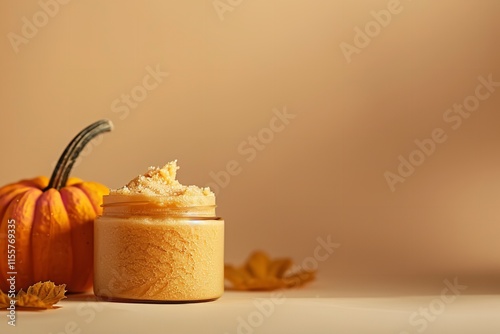 A close-up of a jar containing pumpkins used for face scrubbing set on an beige background with textural area, Generative AI. photo