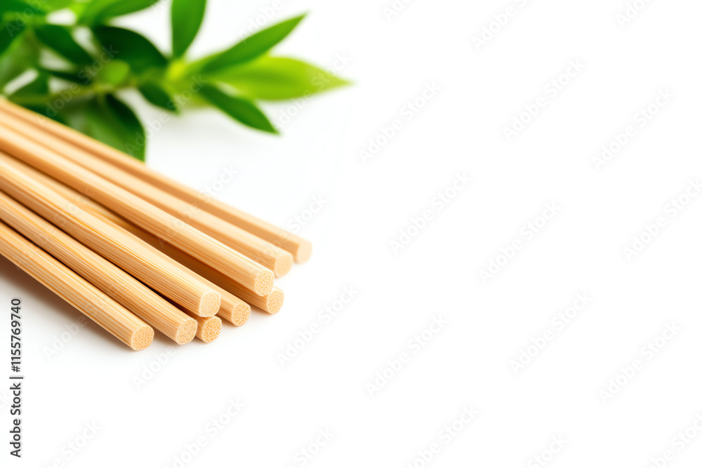 Obraz premium Set of bamboo chopsticks with green leaves on a white background.