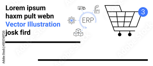 Shopping cart with three items, logistics icons, ERP system symbol, and boxes. Ideal for e-commerce, inventory, supply chain, logistics, ERP integration, online shopping, retail business. Landing