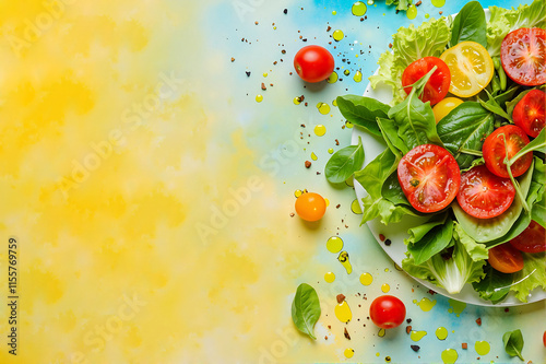 Colorful Fresh Vegetables for Healthy Salad with Watercolor Background