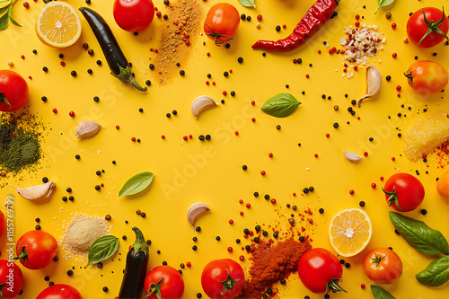 Cooking Concept with Spices and Fresh Vegetables on Yellow Background