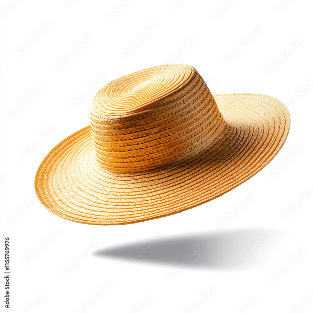 Stylish straw hat floating on a white isolated background, perfect for summer-themed projects. Stylish straw hat floating on a white isolated background, perfect for summer-themed projects.