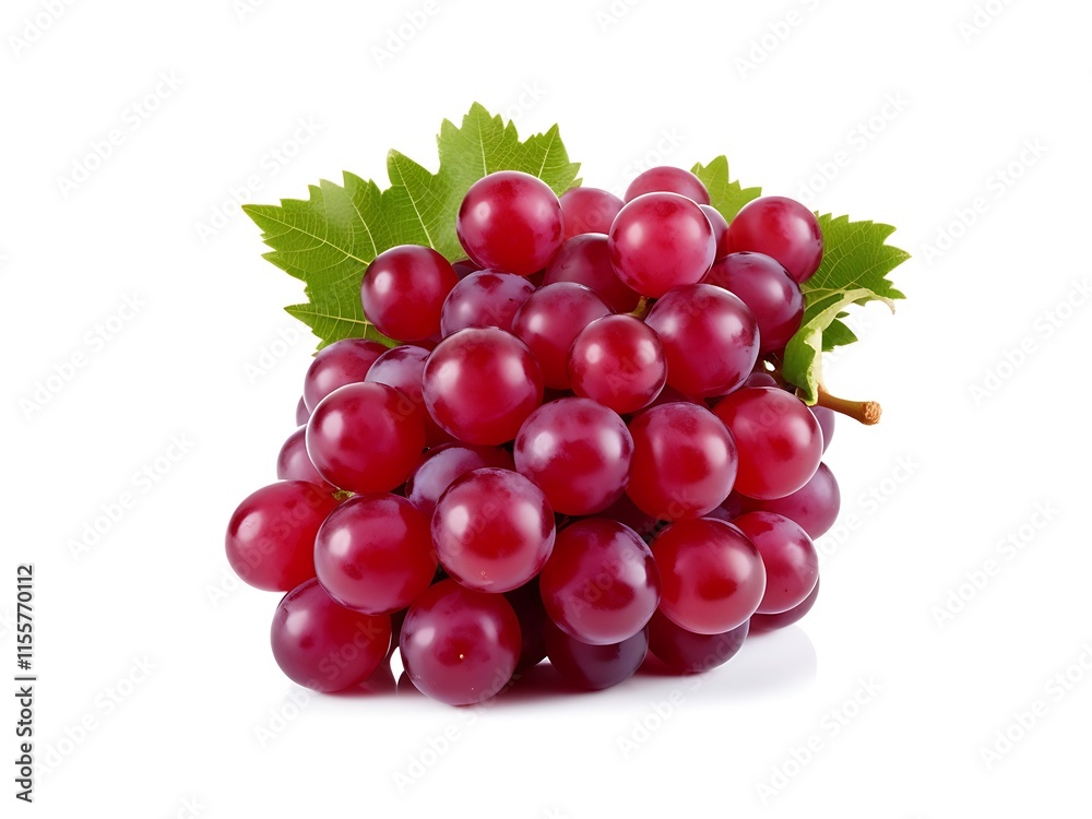 Fototapeta premium A group of red grapes with green leaves on a white background