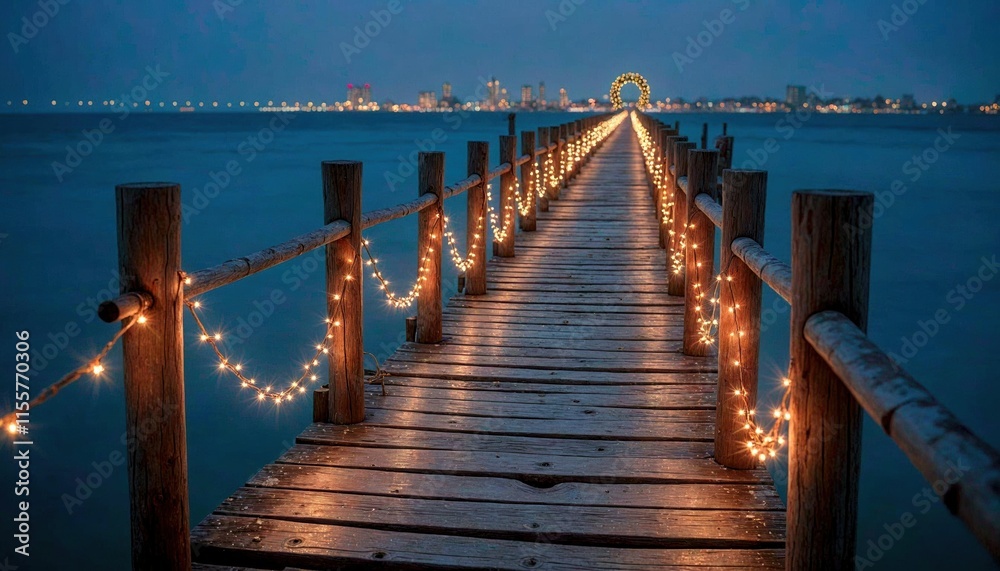 Naklejka premium Coastal Christmas Pier with Twinkling Lights
