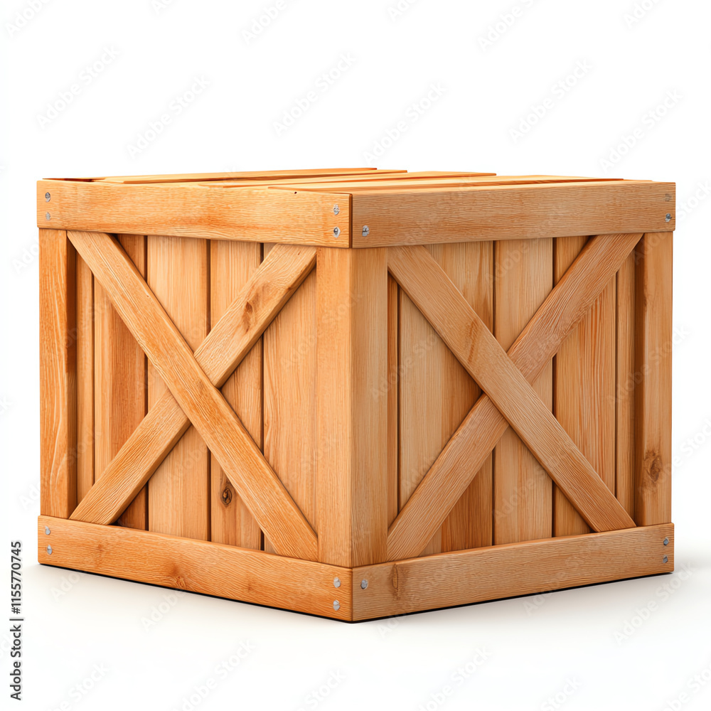 Wooden crate with a natural finish, isolated against a white background, ideal for storage or shipping purposes. Wooden crate with a natural finish, isolated against a white background, ideal for storage or shipping purposes.