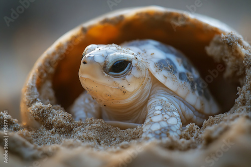 A close-up view of a single turtle embryo within a semi-transparent egg, resting in a nest of damp sand. 
