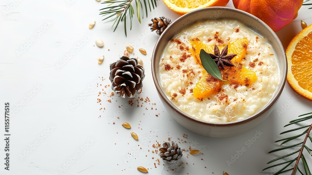A close-up of rice pudding with pumpkin with orange and pine cones surrounded by a large advertising area and on a standard white background, Generative AI. A close-up of rice pudding with pumpkin with orange and pine cones surrounded by a large advertising area and on a standard white background, Generative AI.