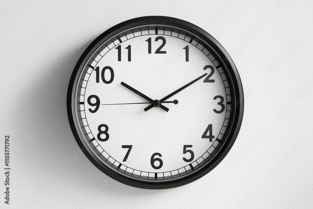 A simple wall clock displaying the time with black hands and numbers on a white background. A simple wall clock displaying the time with black hands and numbers on a white background.