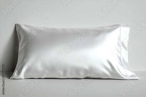 A sleek, white satin pillow resting against a neutral wall, emphasizing comfort and elegance in bedding design.