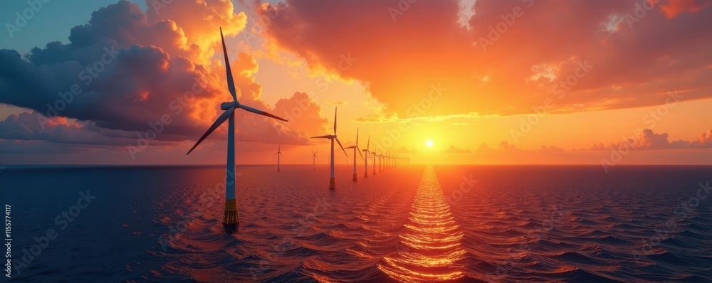 Obraz premium Majestic sunset casts orange glow on offshore wind turbines & solar array , sky, marine