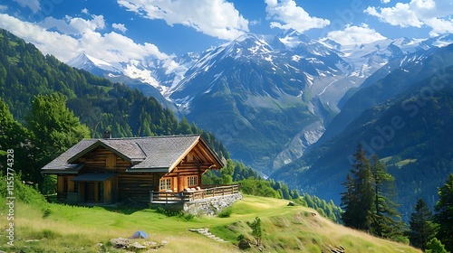 Mountain landscape with traditional swiss chalet in Switzerland.