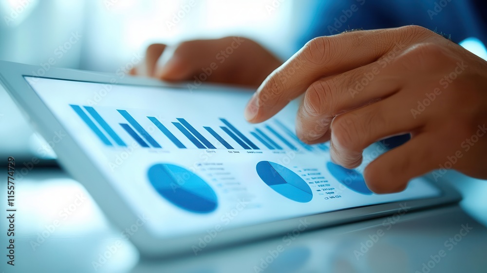 A financial planner using a tablet to analyze cash flow reports and revenue streams for a client A financial planner using a tablet to analyze cash flow reports and revenue streams for a client