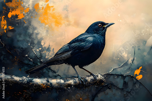 Solitary Blackbird in Artistic Watercolor Landscape photo