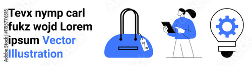 Businesswoman holding tablet, blue handbag with tag, and lightbulb with gear represents ideas, innovation, business, fashion, technology, and creativity. Ideal for e-commerce tech startups fashion