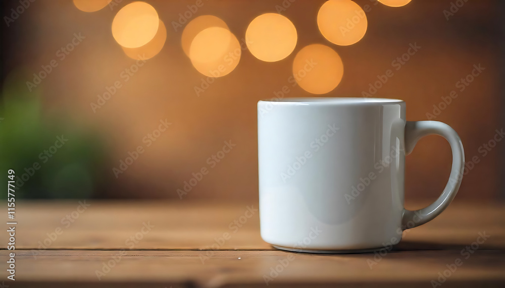 Fototapeta premium White Ceramic Mug on Wooden Surface Warm Bokeh Background