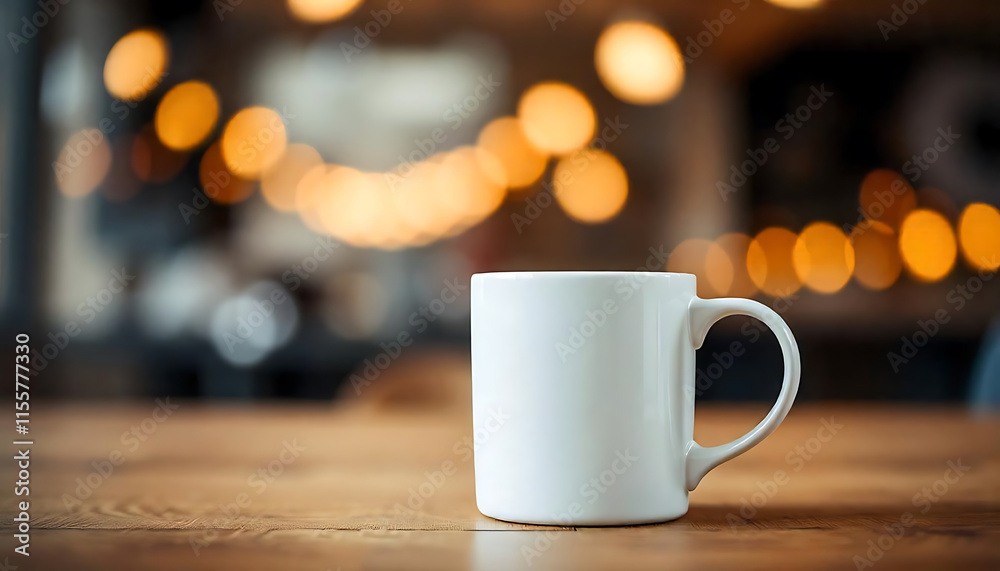 White Ceramic Mug on Wooden Surface Warm Bokeh Background White Ceramic Mug on Wooden Surface Warm Bokeh Background