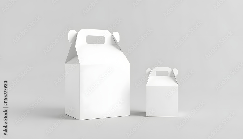 two mockup white blank paper packaging for bakery large and small box with handle in grey background. isolated with white shades two mockup white blank paper packaging for bakery large and small box with handle in grey background. isolated with white shades