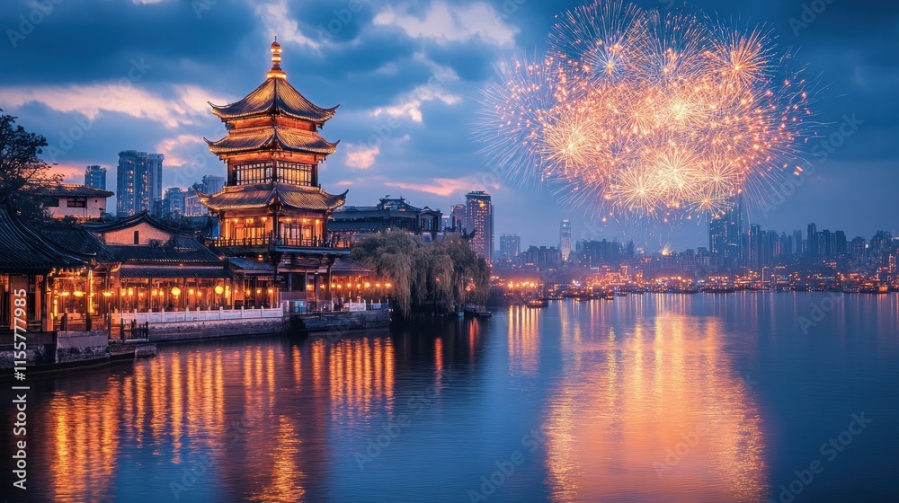 Fototapeta premium Chinese new year fireworks celebration urban landscape digital art background night view festive spirit