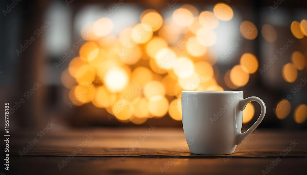 White Ceramic Mug on Wooden Surface Warm Bokeh Background White Ceramic Mug on Wooden Surface Warm Bokeh Background