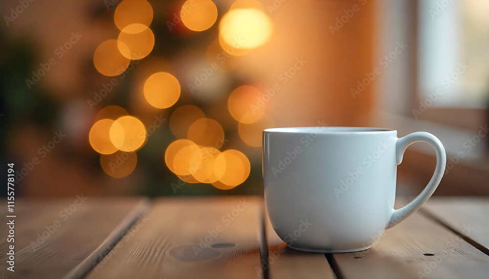 Fototapeta premium White Ceramic Mug on Wooden Surface Warm Bokeh Background