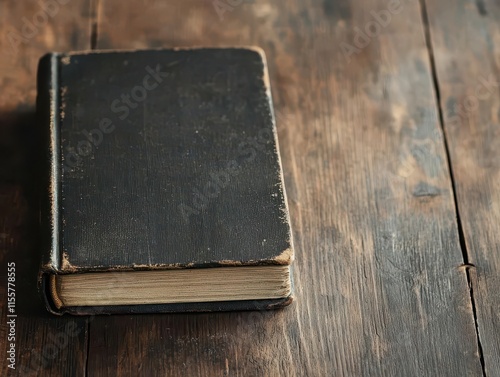 Small, vintage notebook on a dark wood table, coffee stains on pages, oldworld charm