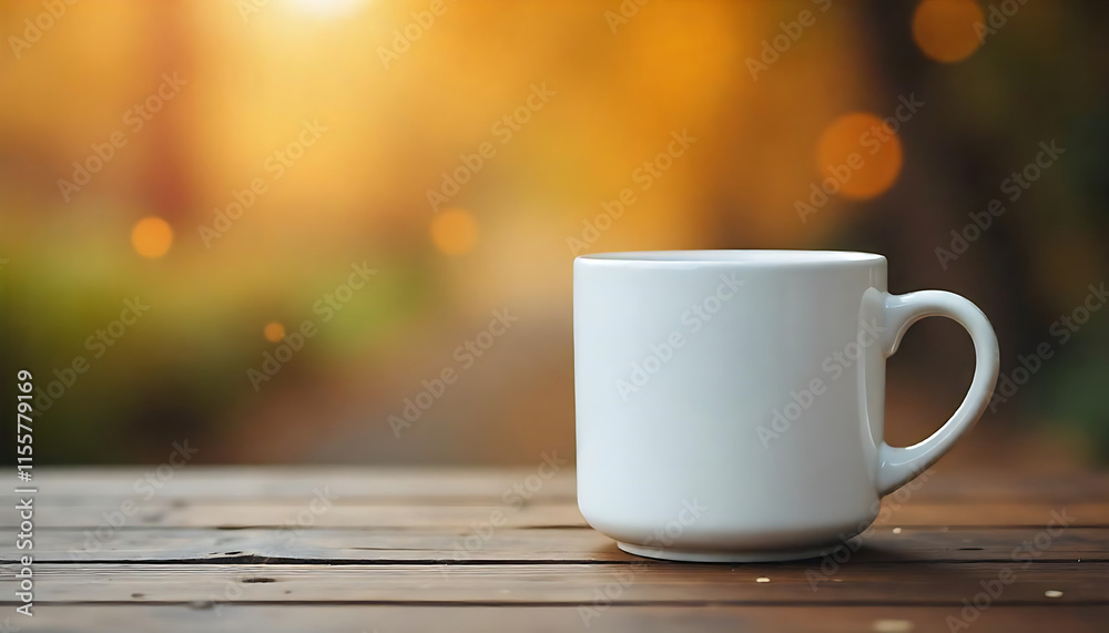 White Ceramic Mug on Wooden Surface Warm Bokeh Background White Ceramic Mug on Wooden Surface Warm Bokeh Background