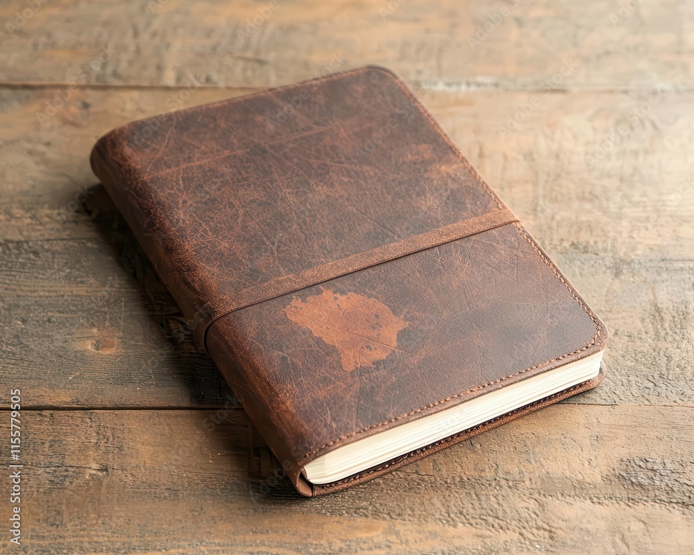 Obraz premium Vintage travel notebook with map sketches, resting on a rough wood surface, adventure feel