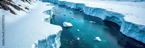 Icy iceberg in winding glacial river Aerial winter landscape , top, pattern