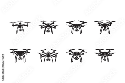 Drone silhouettes set, large pack of vector silhouette design, isolated white background