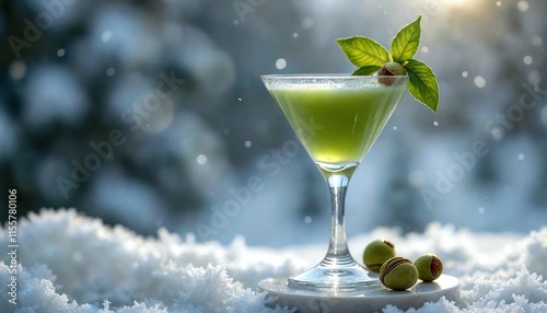 Elegant Pistachio Martini with Winter Landscape