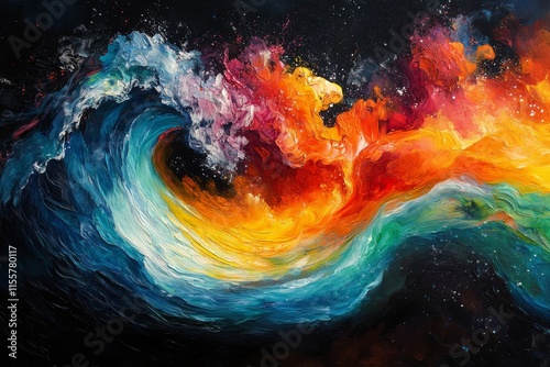 Abstract painting with vibrant colors and dynamic wave patterns on a dark bac...