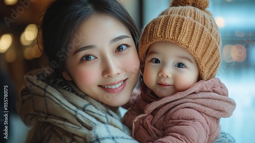 Smiling mother holding her baby in a cozy indoor setting during winter