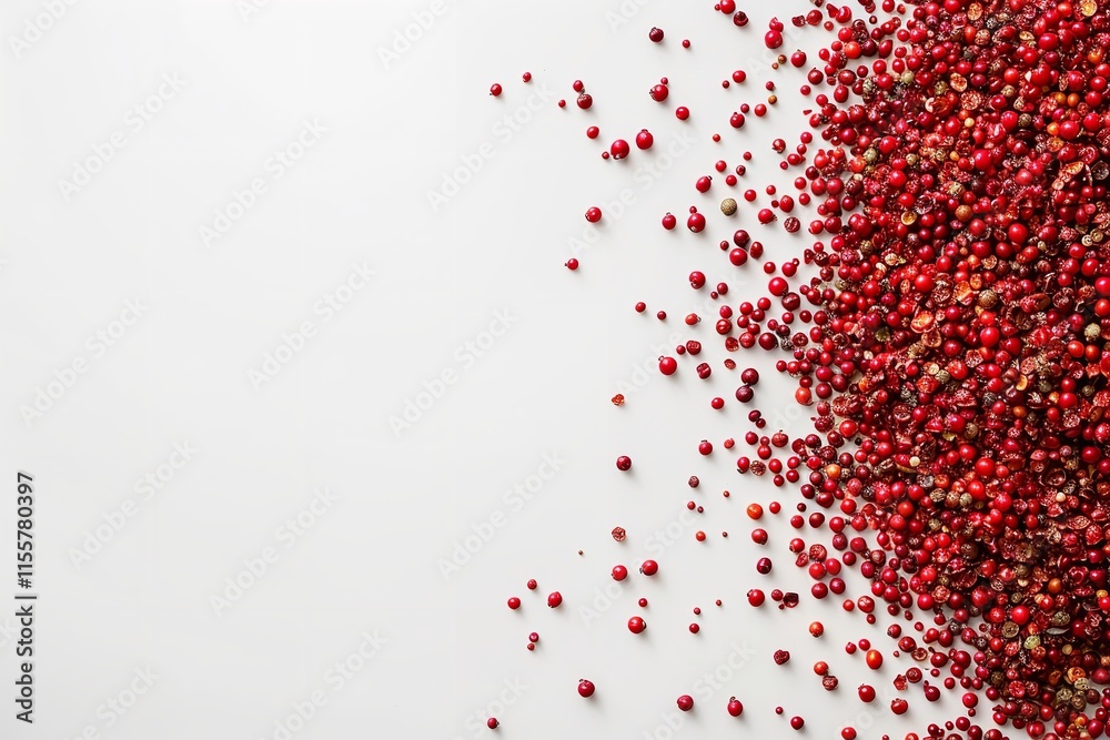 An overhead and up-close perspective on a pile of red pepper seeds over a white background with plenty of room for text or backdrop usage, Generative AI. An overhead and up-close perspective on a pile of red pepper seeds over a white background with plenty of room for text or backdrop usage, Generative AI.