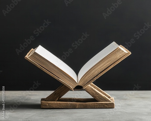 Wooden bookstand holding an open, worn notebook, vintage style, rustic ambiance photo