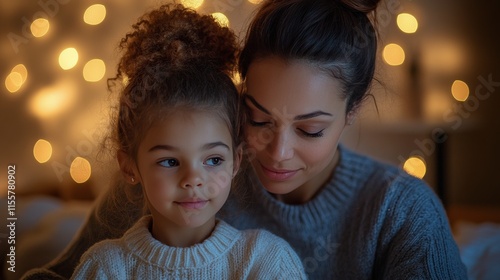 Smiling girl with curly hair standing in cozy setting with warm lights during...