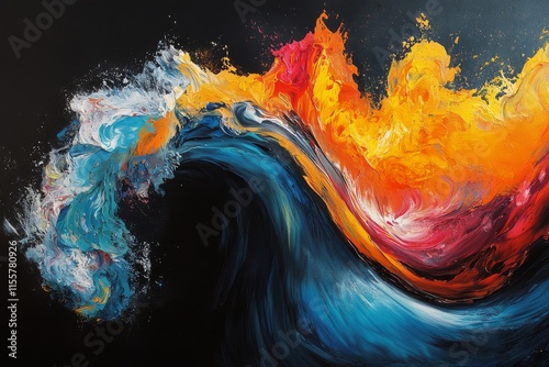 Abstract painting with vibrant colors and dynamic wave patterns on a dark bac...