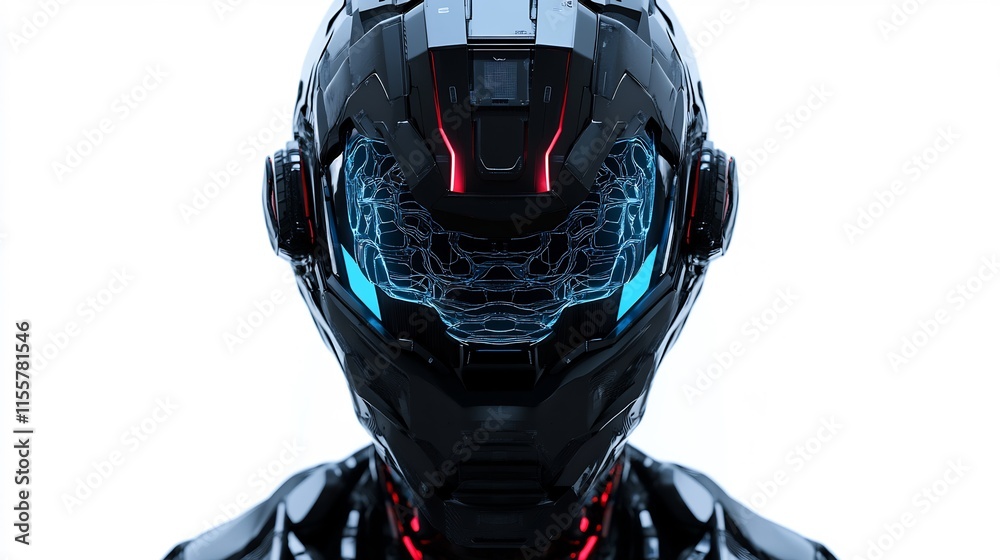 Close-up of Futuristic Black and Blue Robot Helmet Close-up of Futuristic Black and Blue Robot Helmet