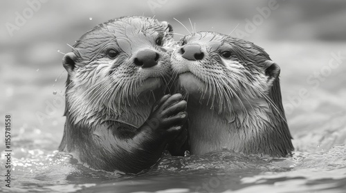 Playful otters interacting in a calm water environment during a sunny day