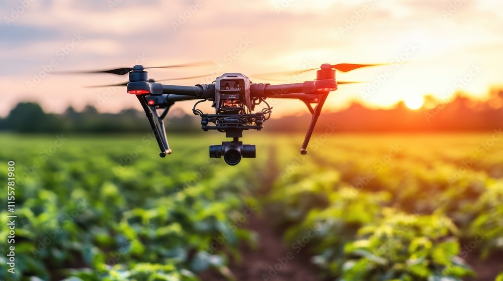 Drone Flying Over Green Crop Fields at Sunset in Agriculture Scene