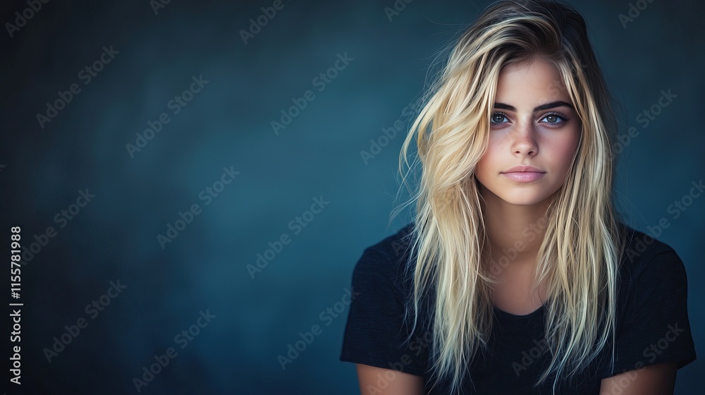 Fototapeta premium Portrait of a young woman with long blonde hair, looking directly at the camera against a dark teal background.