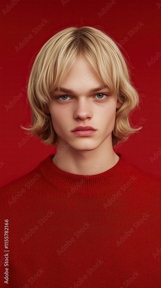 Fototapeta premium Young man with blond hair wearing a red sweater against a red background.