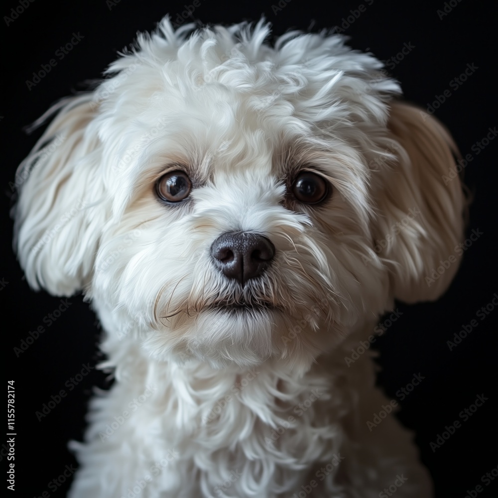 Fluffy white poodle with curly fur against dark background Fluffy white poodle with curly fur against dark background