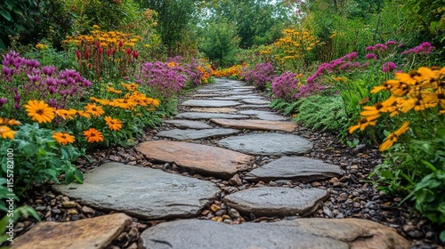 Colorful flower garden path surrounded by vibrant blooms and lush greenery in...
