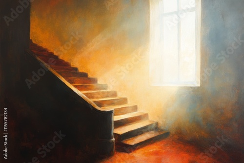 Mysterious stairway leading to a bright doorway in a dimly lit corridor