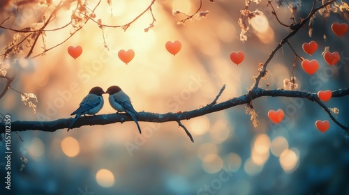 Colorful lovebirds perched on a branch among blooming flowers and heart decor...