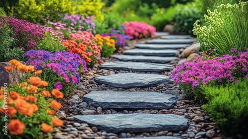 Colorful flower garden path surrounded by vibrant blooms and lush greenery in...