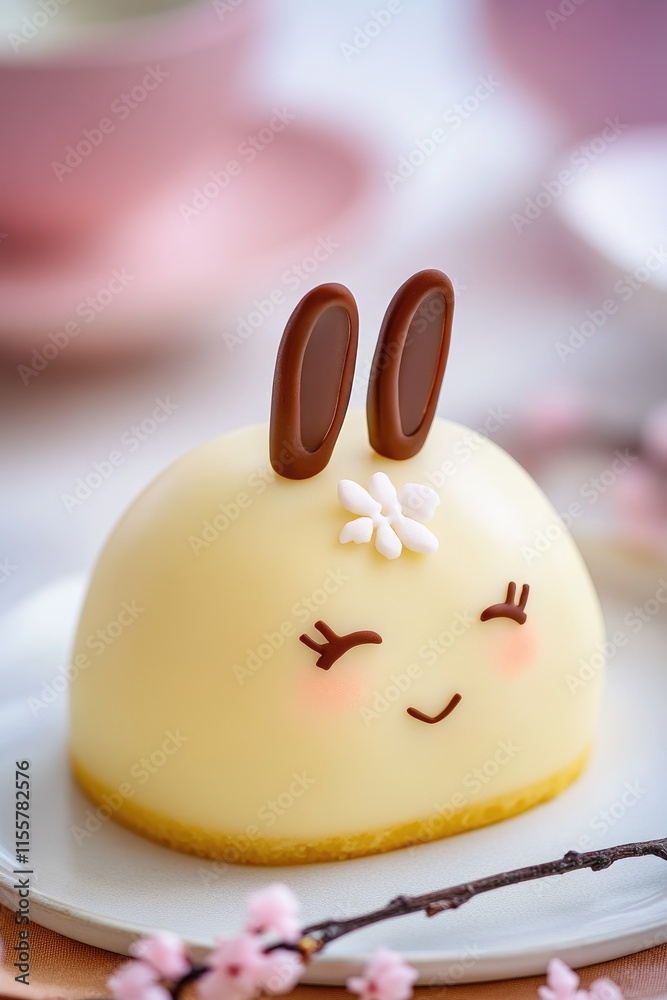 A cute dessert shaped like a bunny, decorated with chocolate ears and a flower. A cute dessert shaped like a bunny, decorated with chocolate ears and a flower.