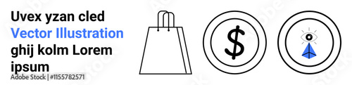 Shopping bag, dollar sign, and eye within circle. Ideal for business, finance, e-commerce, marketing, consumer behavior shopping trends and economic analysis. Landing page