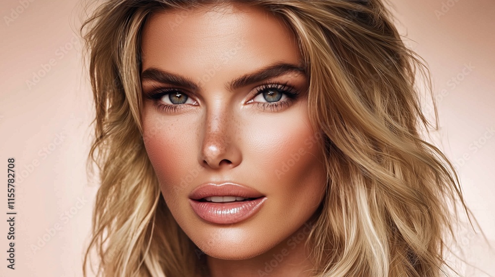 Fototapeta premium Close-up portrait of a woman with blonde hair and subtle makeup. Her beauty is naturally radiant.